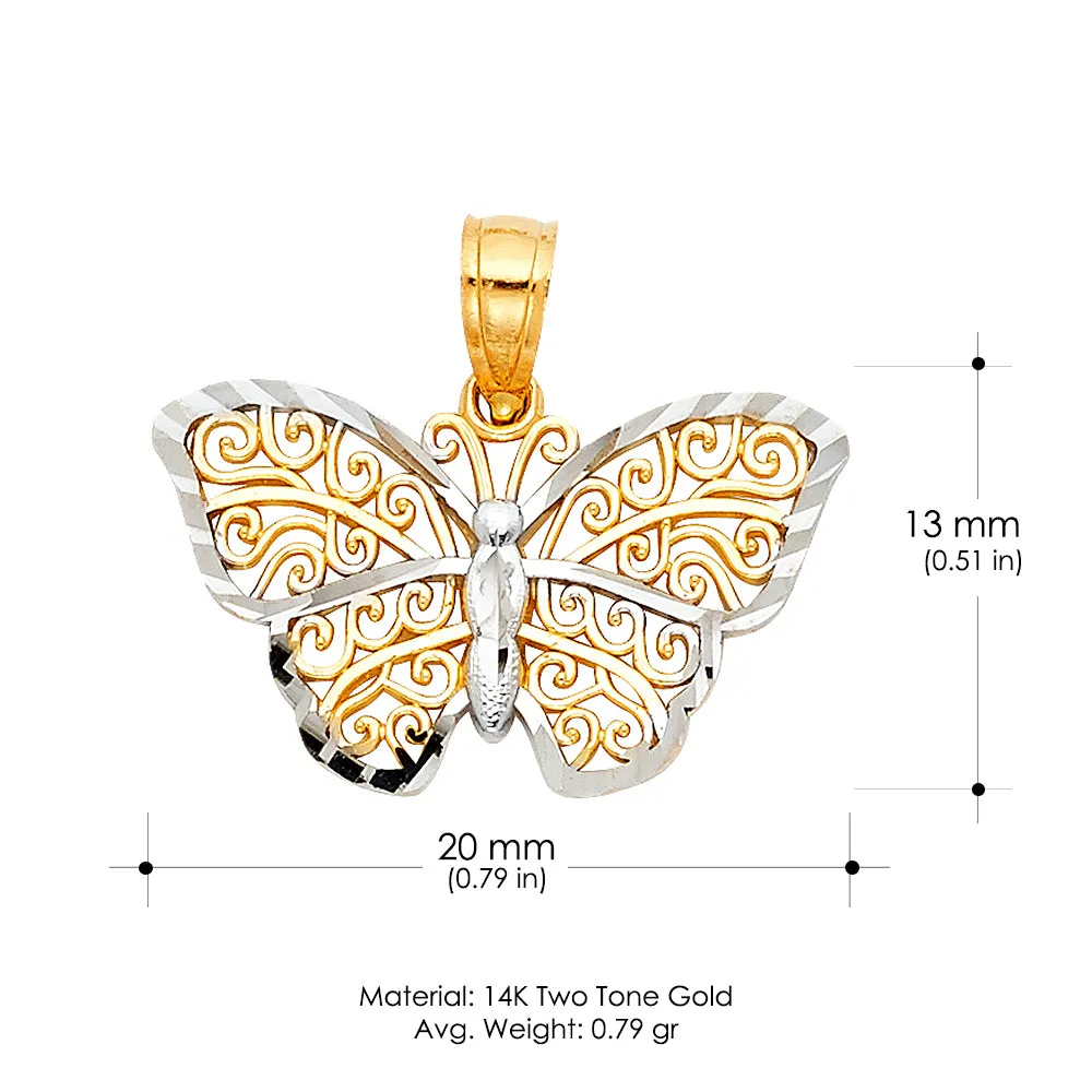 14K Gold Butterfly Pendant with 1.5mm Flat Open Wheat Chain