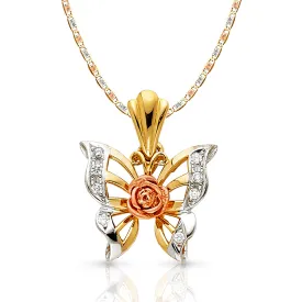 14K Gold CZ Butterfly Charm Pendant with 3.3mm Valentino Star Diamond Cut Chain Necklace