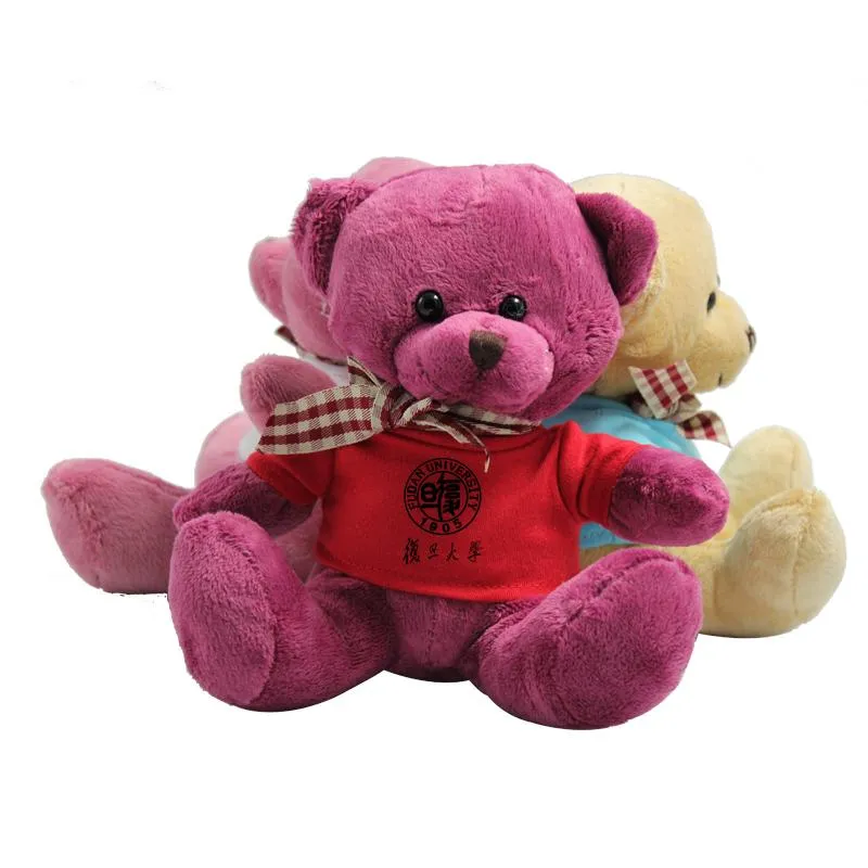 17cm Teddy Bear Plush Toy With T-Shirt And Checkered Ribbon