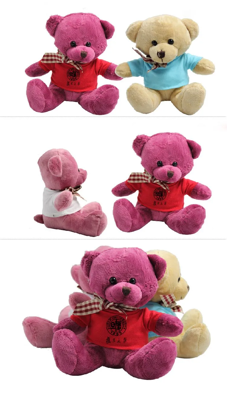 17cm Teddy Bear Plush Toy With T-Shirt And Checkered Ribbon