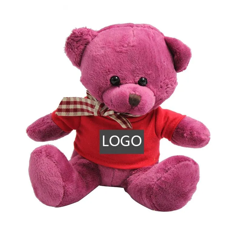 17cm Teddy Bear Plush Toy With T-Shirt And Checkered Ribbon