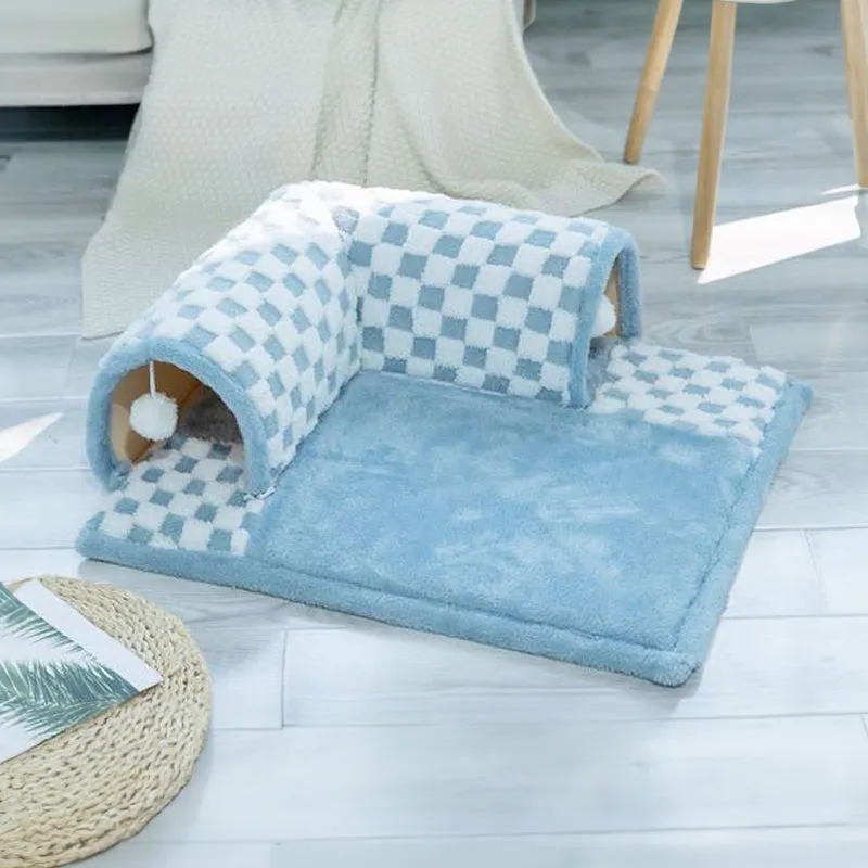 2-in-1 Funny Plush Plaid Checkered Cat Tunnel  Bed