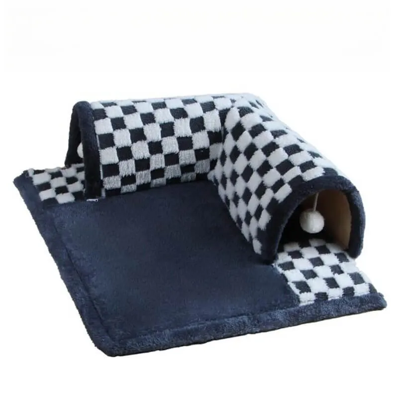 2-in-1 Funny Plush Plaid Checkered Cat Tunnel  Bed