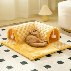 2-in-1 Funny Plush Plaid Checkered Cat Tunnel  Bed