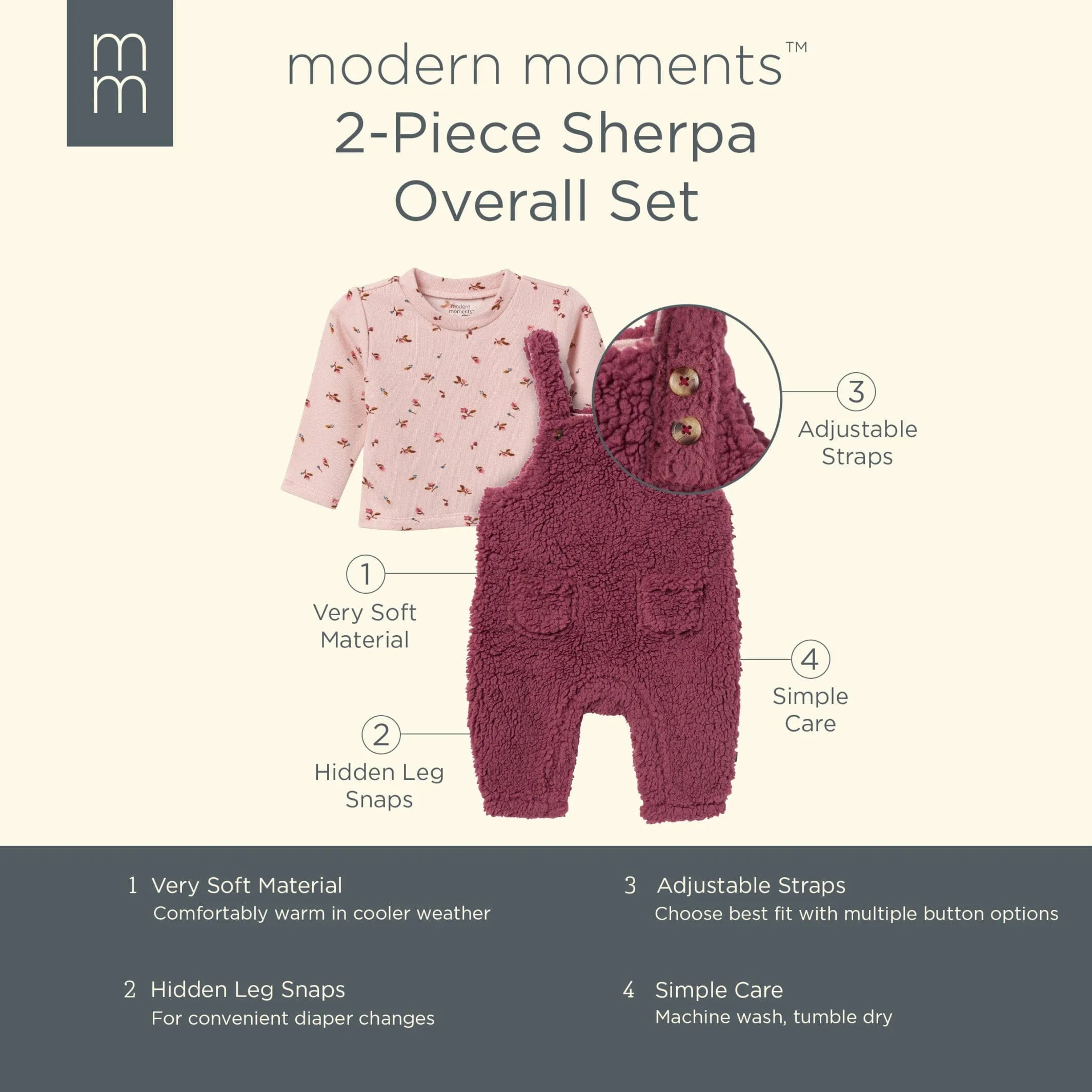 2-Piece Baby Girls Dark Rose Microplush Overalls