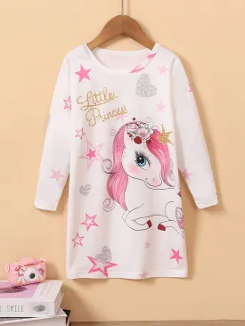 2024 New Girls Casual Cute Cartoon Unicorn & Star Random Print Long Sleeve Dress, Autumn