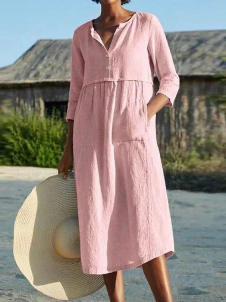 2024 Solid Cotton Linen Half Sleeve Women's Boho Dress