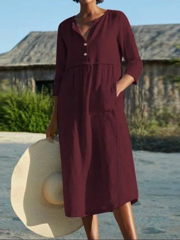 2024 Solid Cotton Linen Half Sleeve Women's Boho Dress