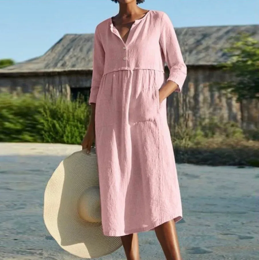 2024 Solid Cotton Linen Half Sleeve Women's Boho Dress