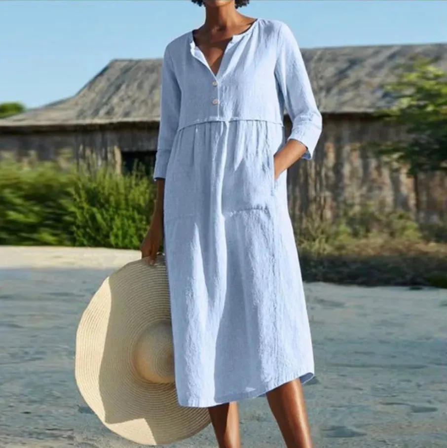 2024 Solid Cotton Linen Half Sleeve Women's Boho Dress