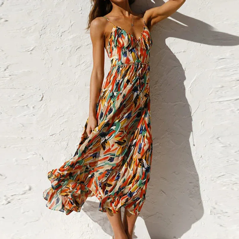 2024 Summer Fashion Elegant V-Neck Backless Sling Boho Dress