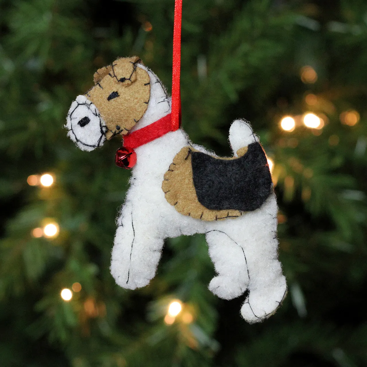 5" White and Brown Dog with Jingle Bell Hanging Christmas Ornament