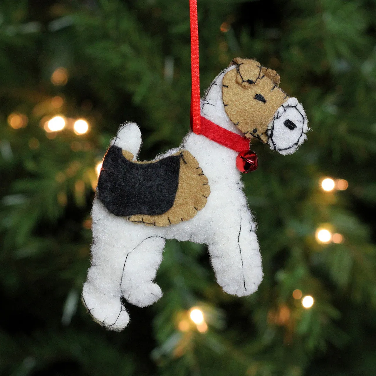 5" White and Brown Dog with Jingle Bell Hanging Christmas Ornament