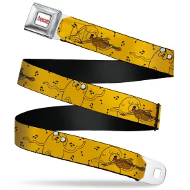 ADVENTURE TIME Title Logo Full Color White Seatbelt Belt - Adventure Time Jake Dancing and Violin Poses Yellow Webbing