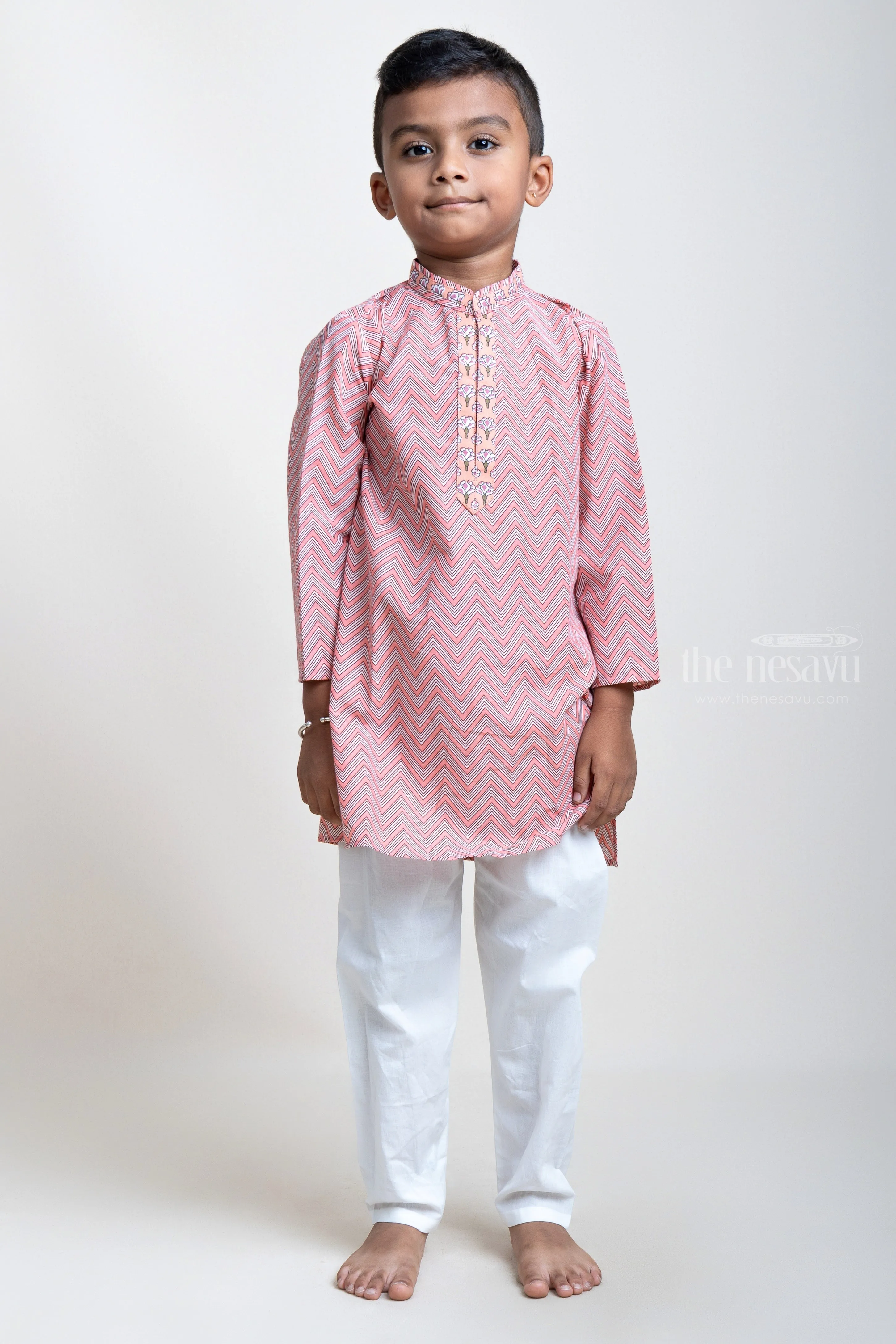 Ajrak Printed ZigZag Pink Cotton Kurta And White Pyjama For Little Boys