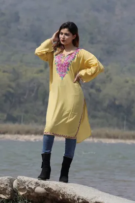 Alluring Yellow Colour Cotton Kurti With Beautiful Aari Embroidery Gives Attractive Look To The Wearer.