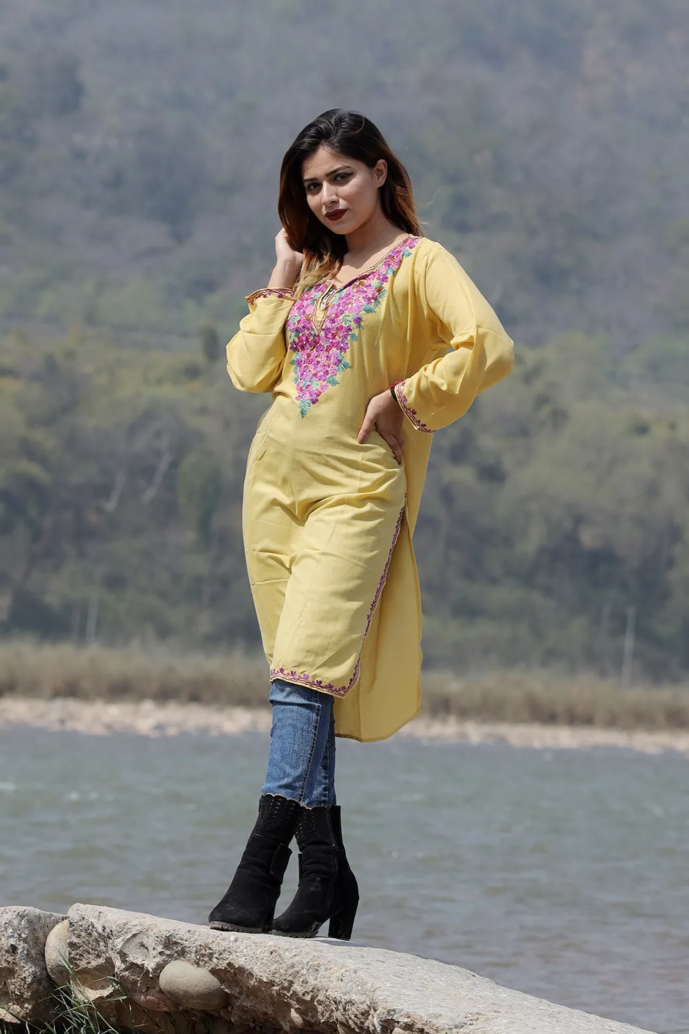 Alluring Yellow Colour Cotton Kurti With Beautiful Aari Embroidery Gives Attractive Look To The Wearer.