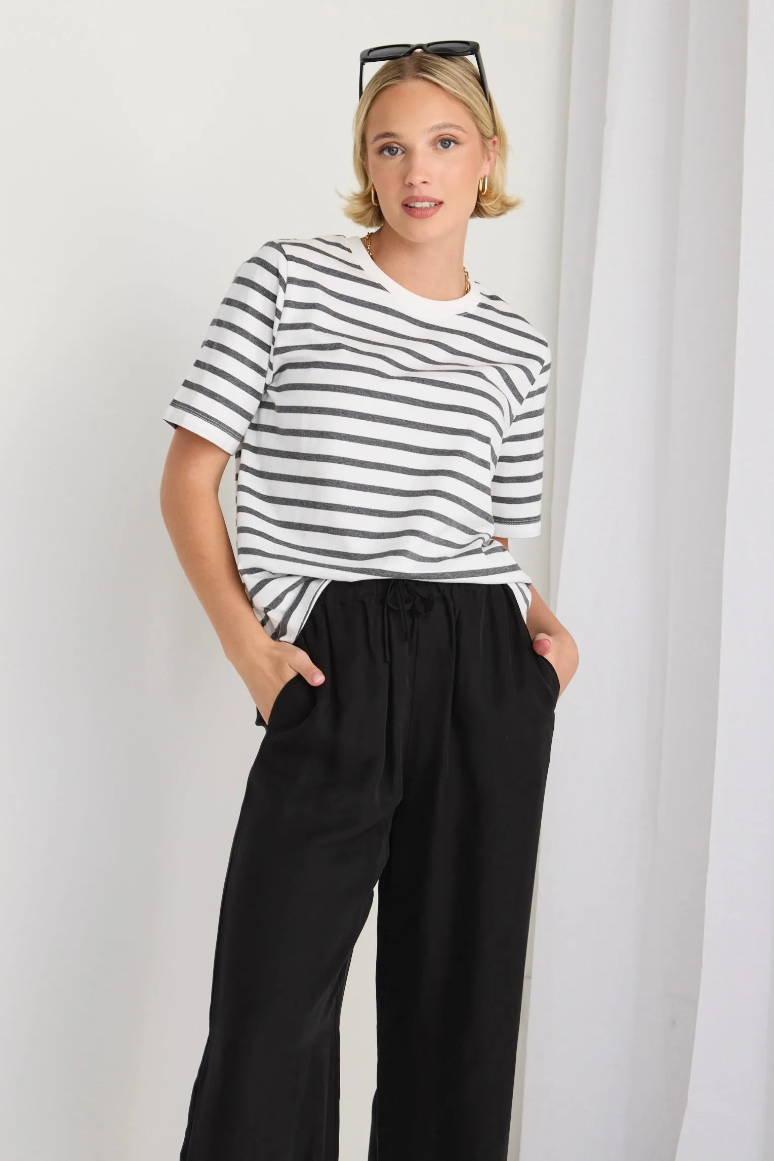 Binding Charcoal White Stripe Boxy Fit Tee