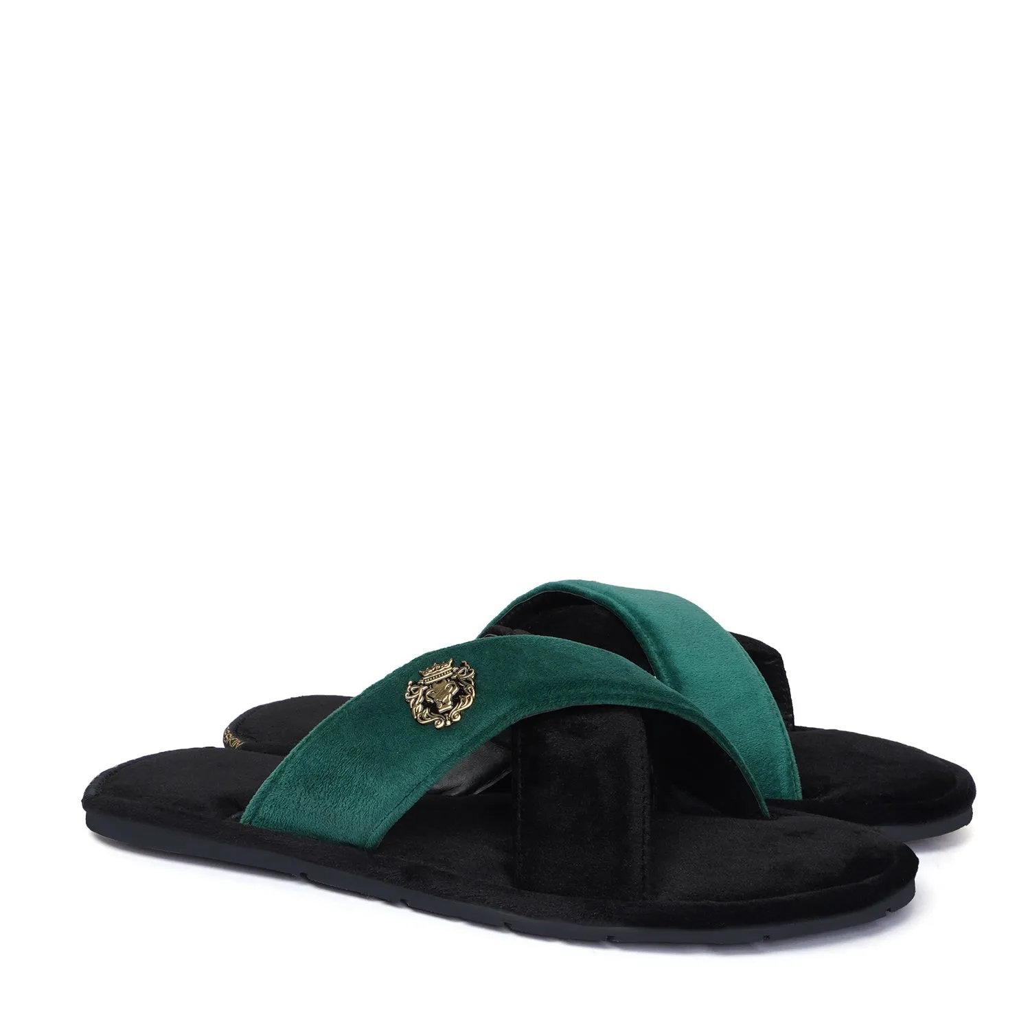 Black-Green Cross Straps Comfy Velvet Slide-in Slippers By Brune & Bareskin