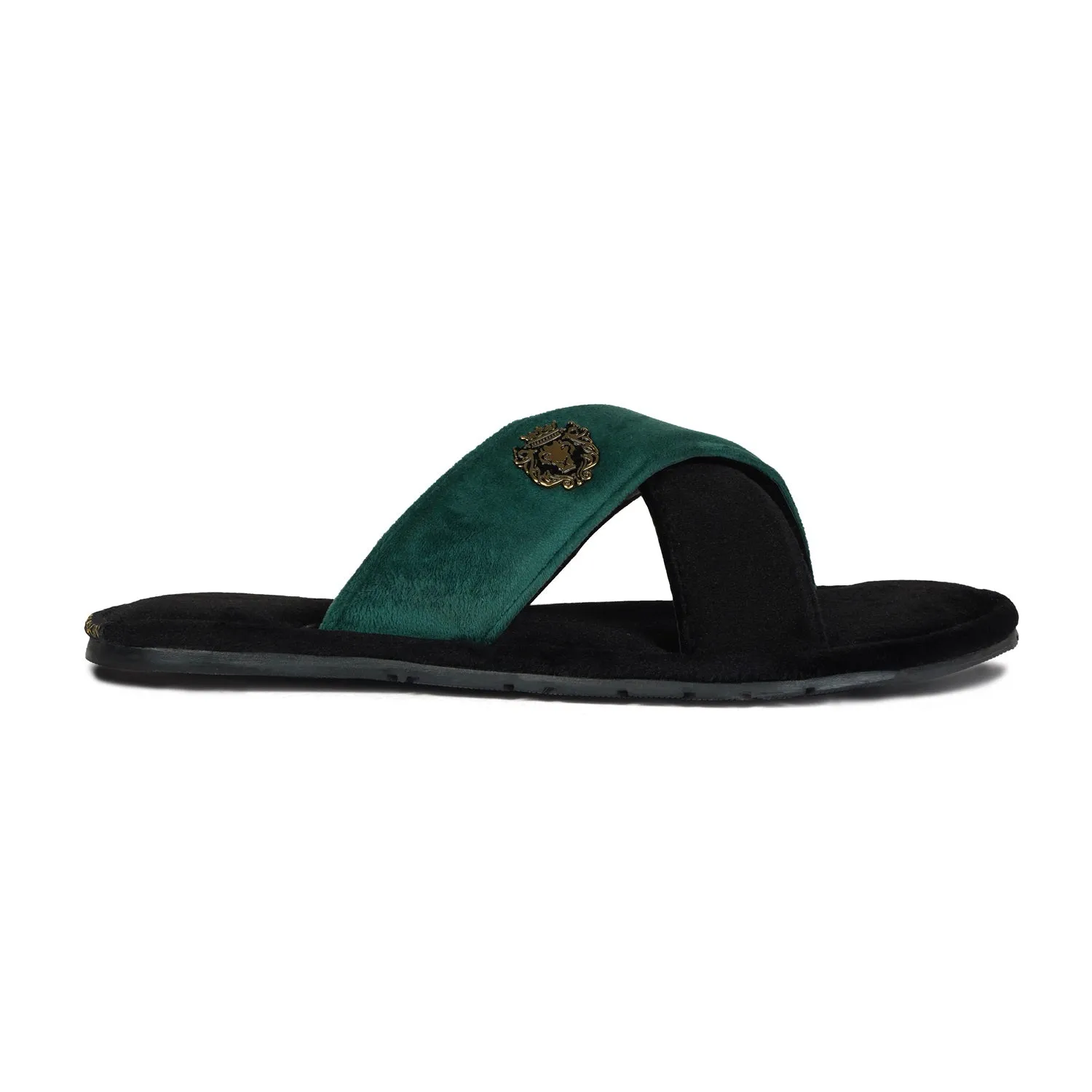 Black-Green Cross Straps Comfy Velvet Slide-in Slippers By Brune & Bareskin