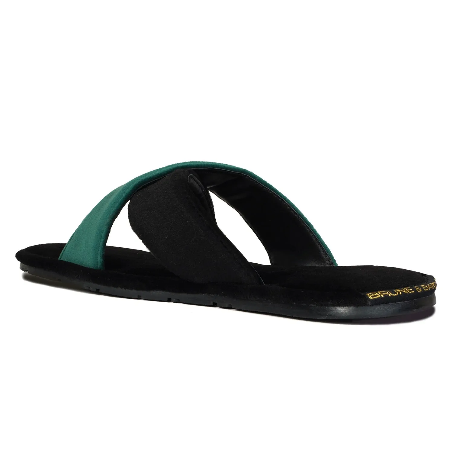 Black-Green Cross Straps Comfy Velvet Slide-in Slippers By Brune & Bareskin