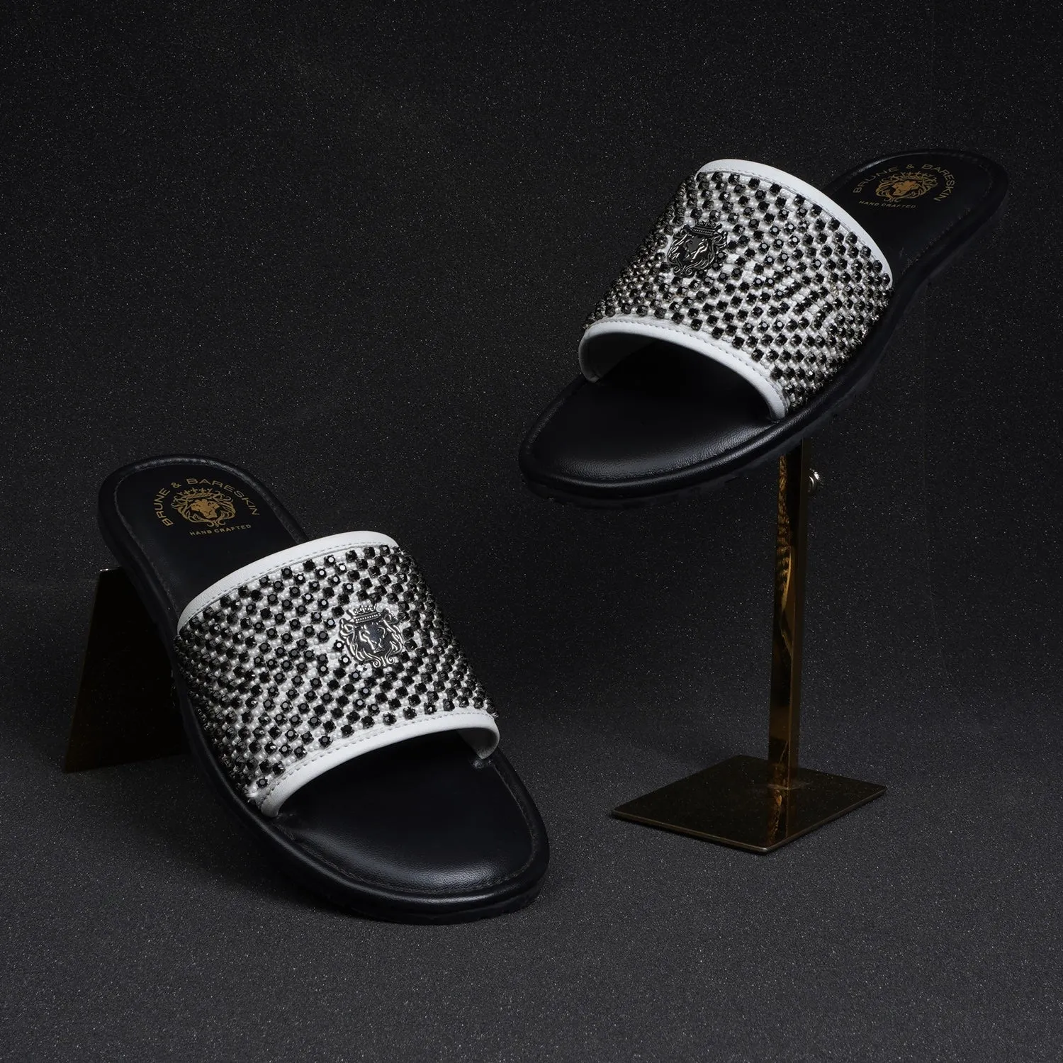 Black Stones On White Leather Strap Ethnic Slide-In-Slippers by Brune & Bareskin