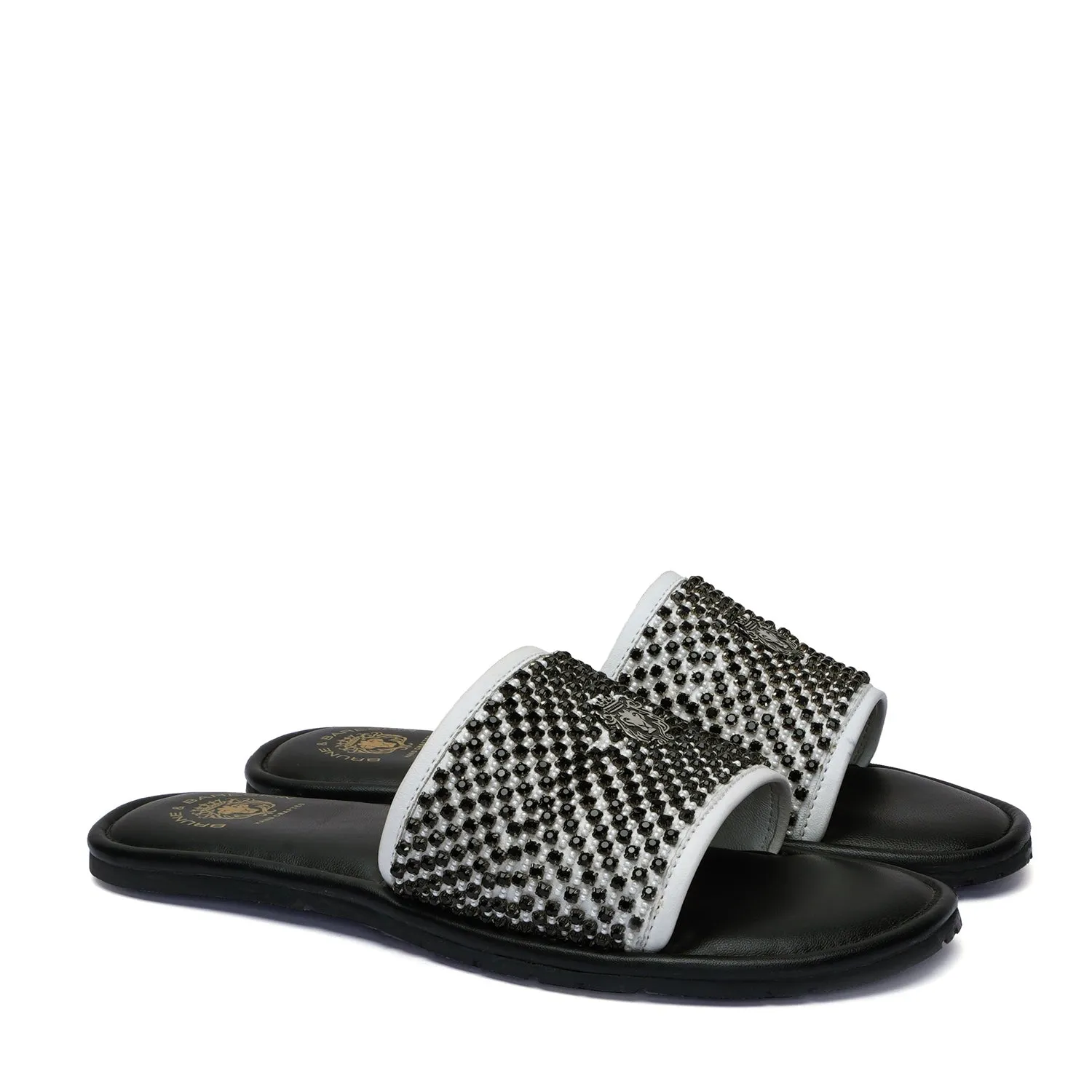 Black Stones On White Leather Strap Ethnic Slide-In-Slippers by Brune & Bareskin