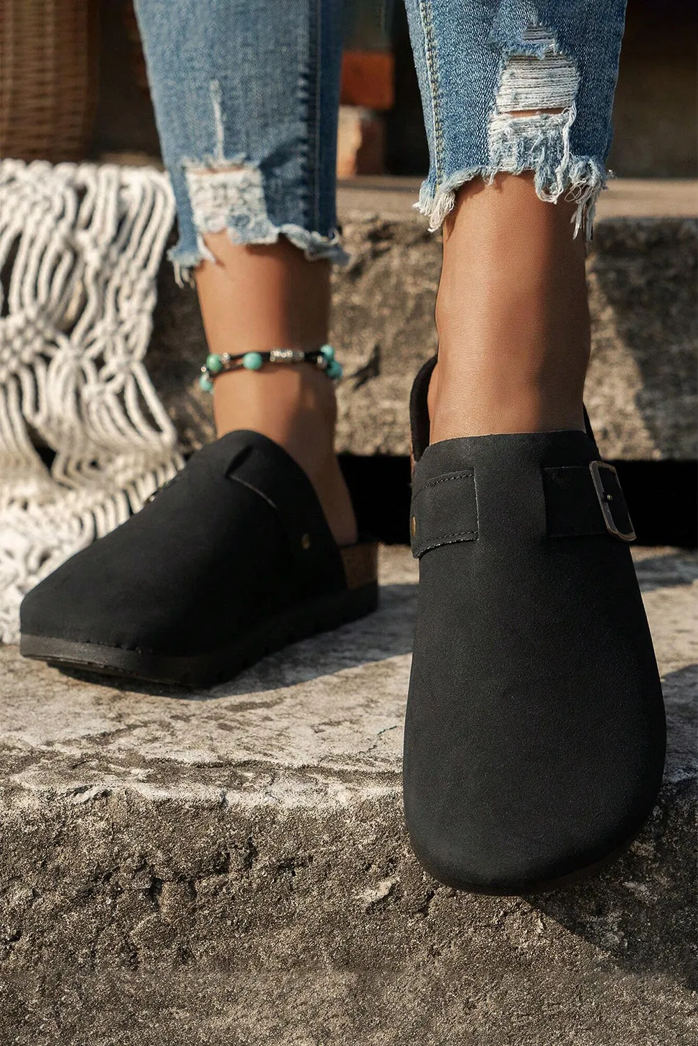 Black Suede Buckle Detail Slippers