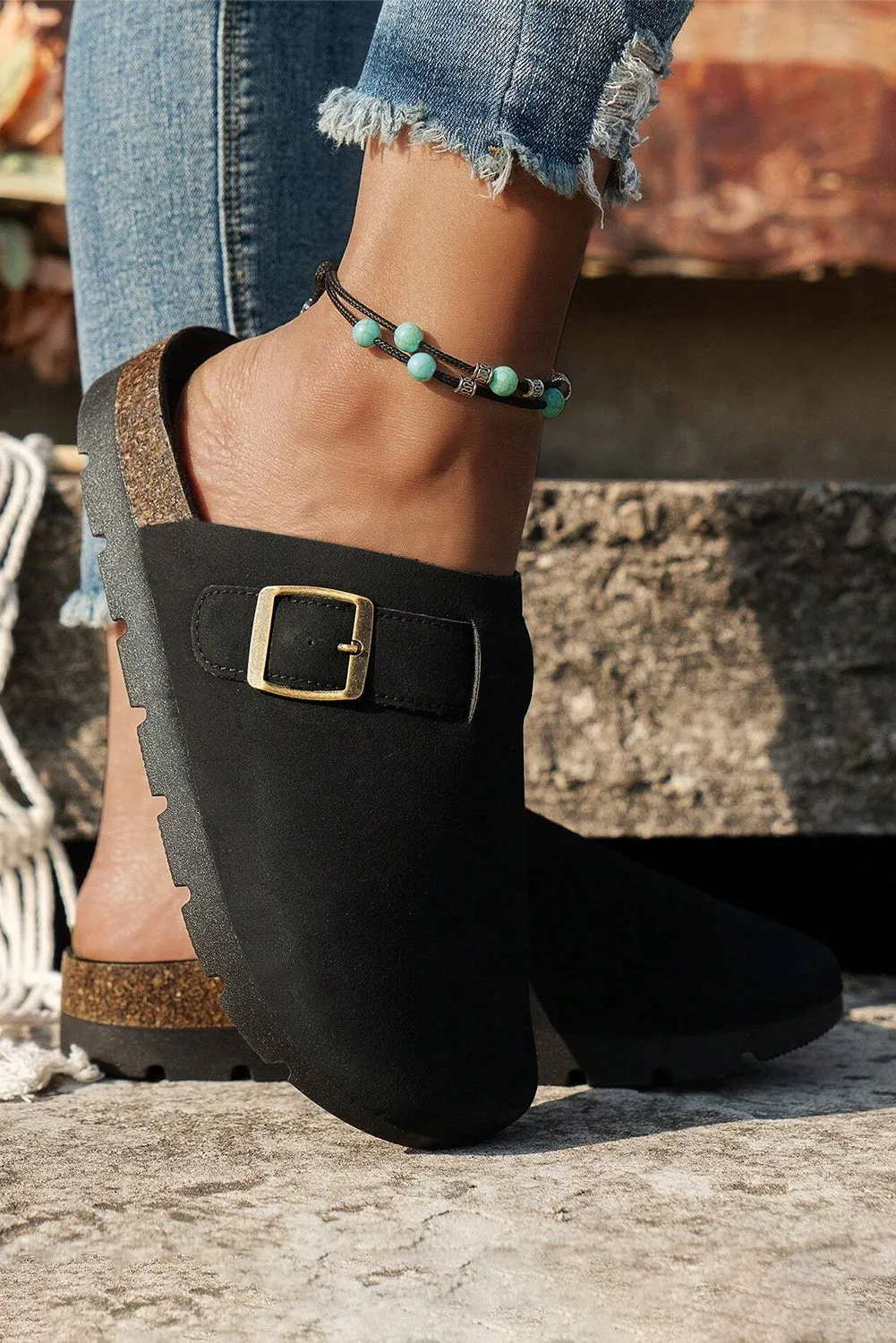 Black Suede Buckle Detail Slippers