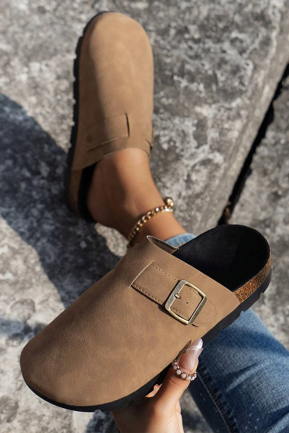 Black Suede Buckle Detail Slippers