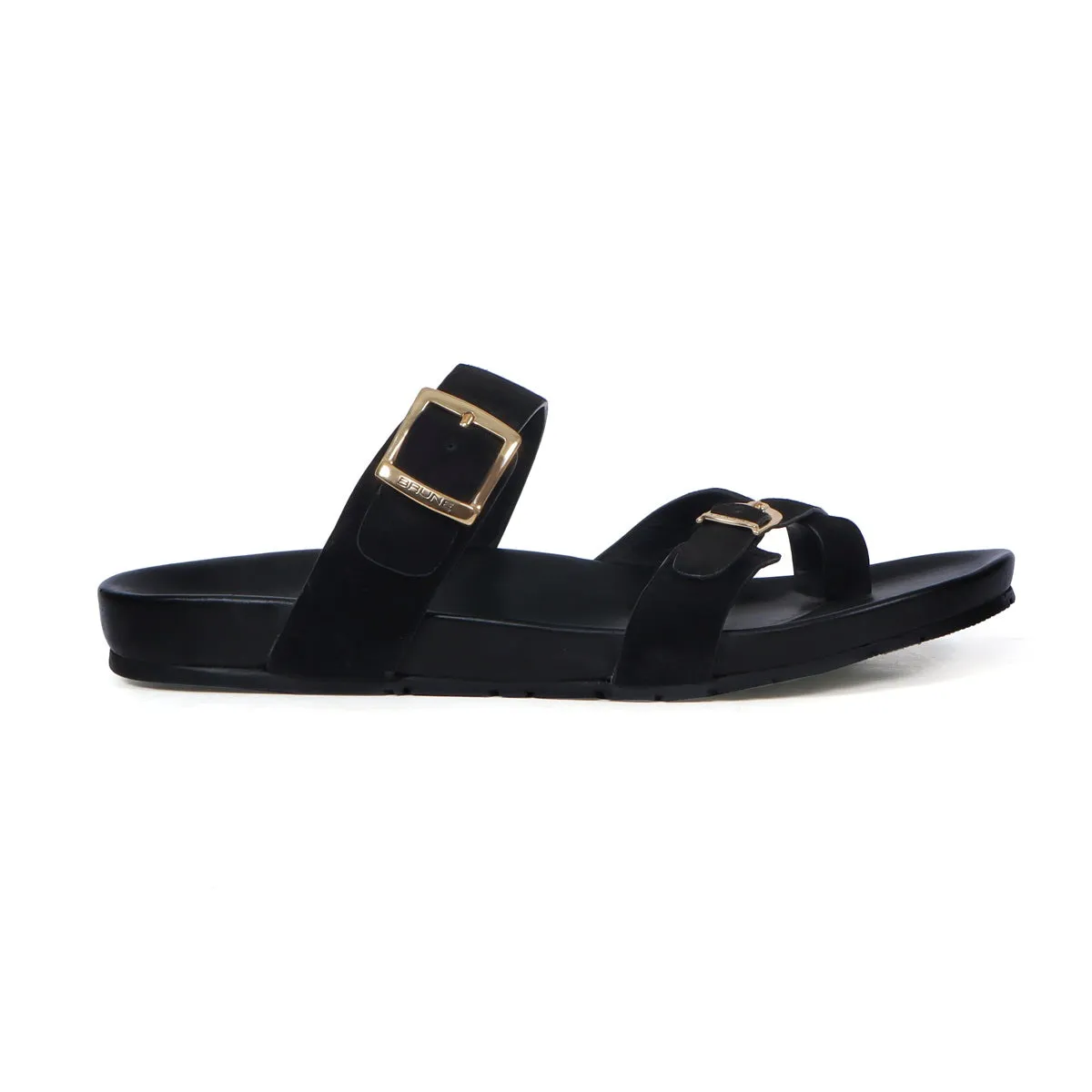 Black Suede Leather Slipper With Double Golden Buckle