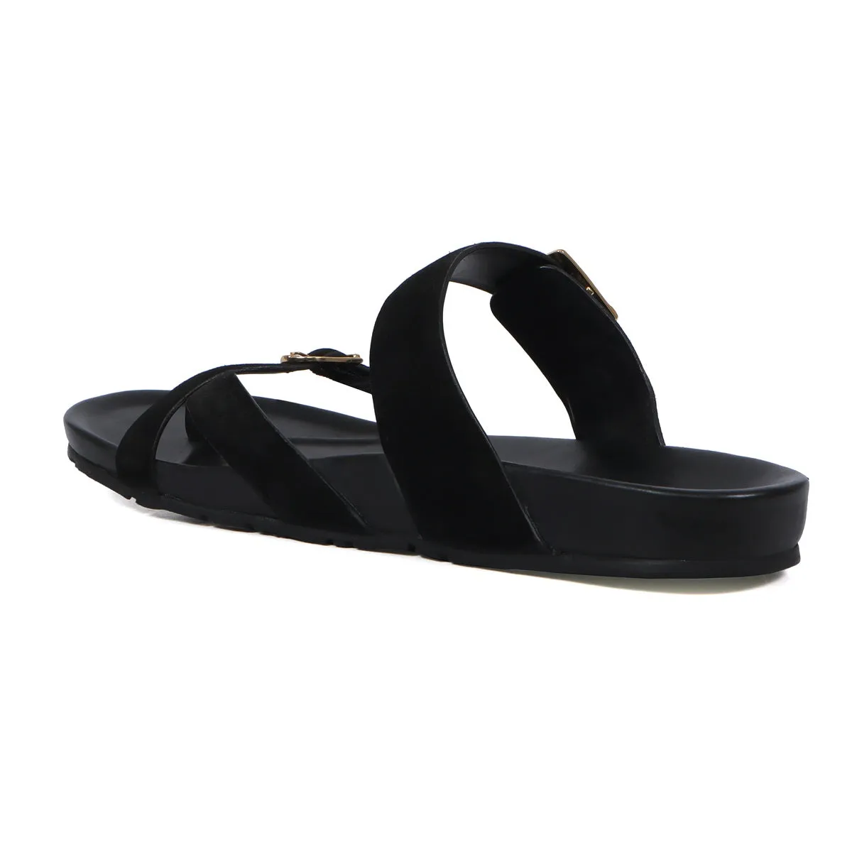 Black Suede Leather Slipper With Double Golden Buckle