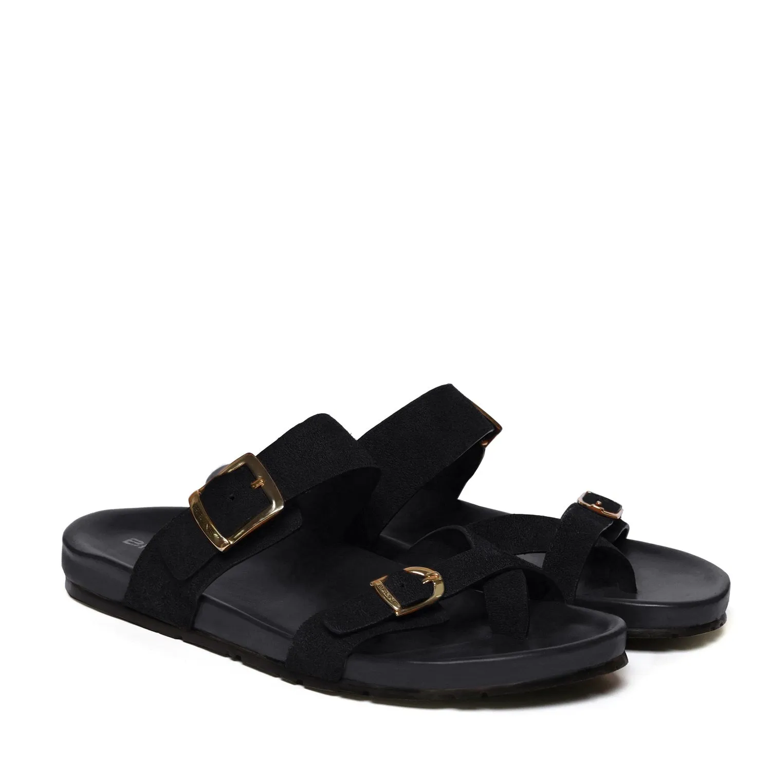 Black Suede Leather Slipper With Double Golden Buckle