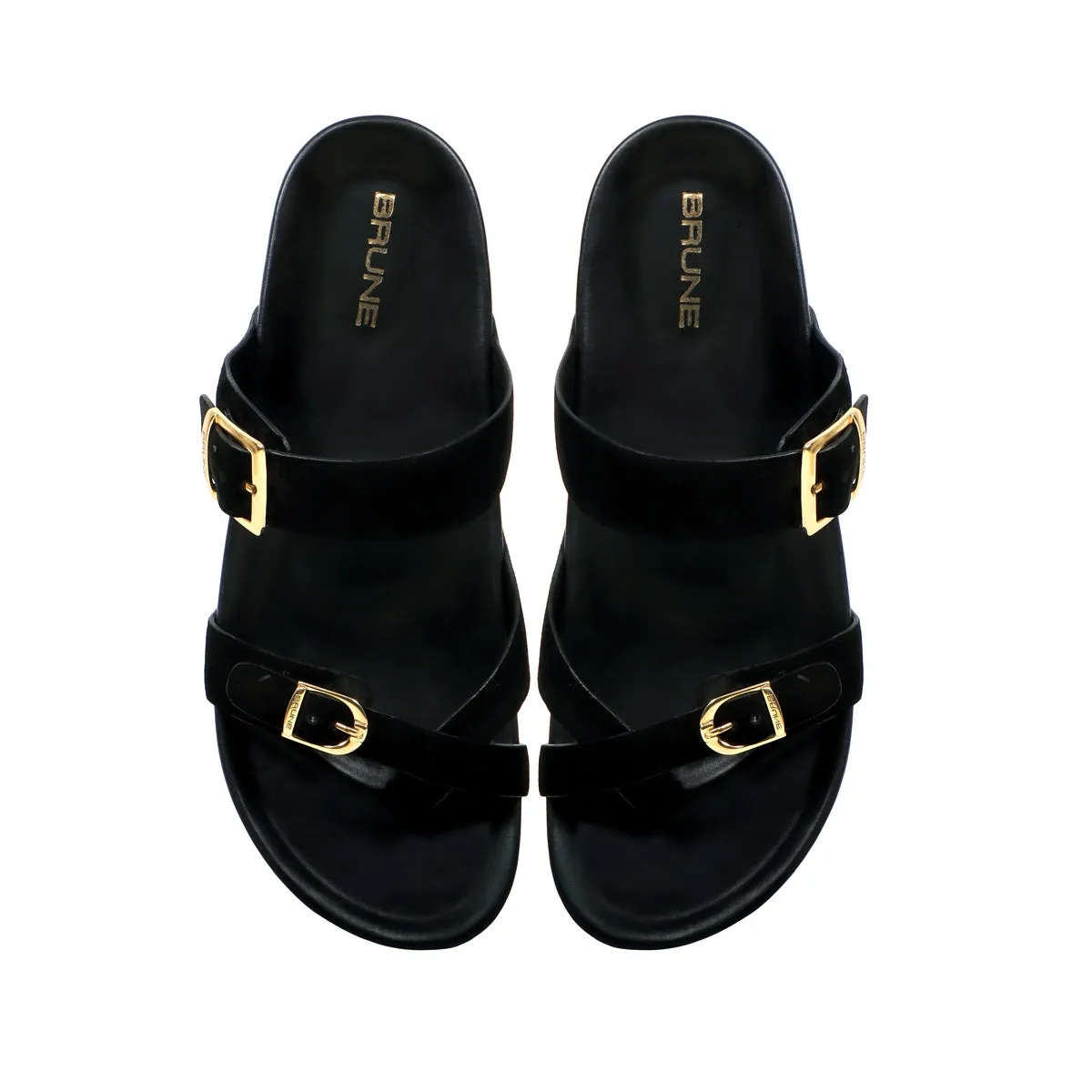 Black Suede Leather Slipper With Double Golden Buckle