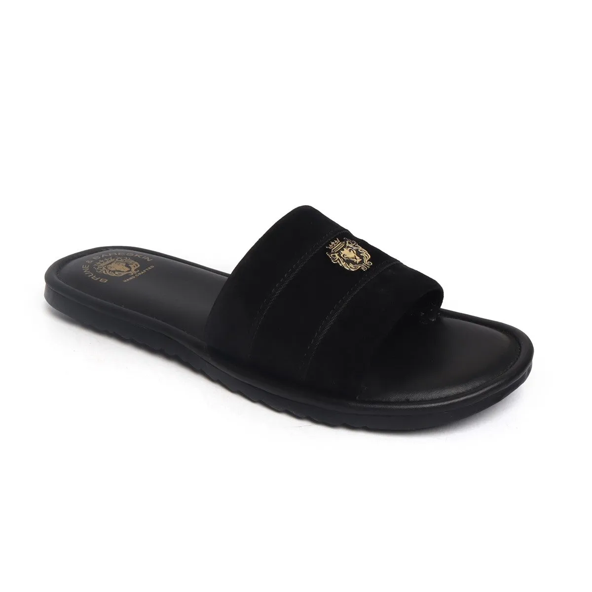 Black Suede Leather Strap Slide-in Slippers by BRUNE & BARESKIN