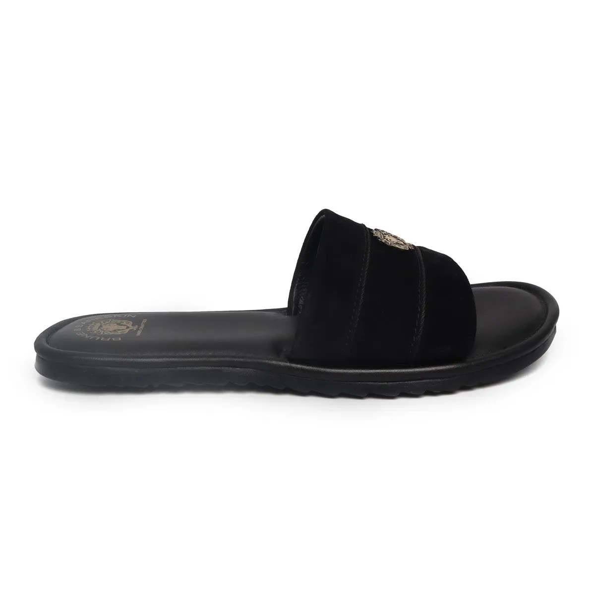 Black Suede Leather Strap Slide-in Slippers by BRUNE & BARESKIN