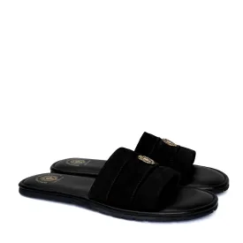 Black Suede Leather Strap Slide-in Slippers by BRUNE & BARESKIN