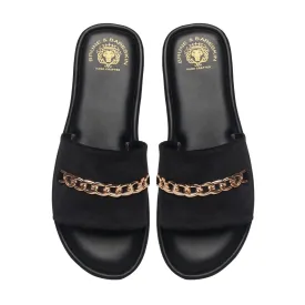 Black Velvet Chain Slide-In-Slippers by Brune & Bareskin