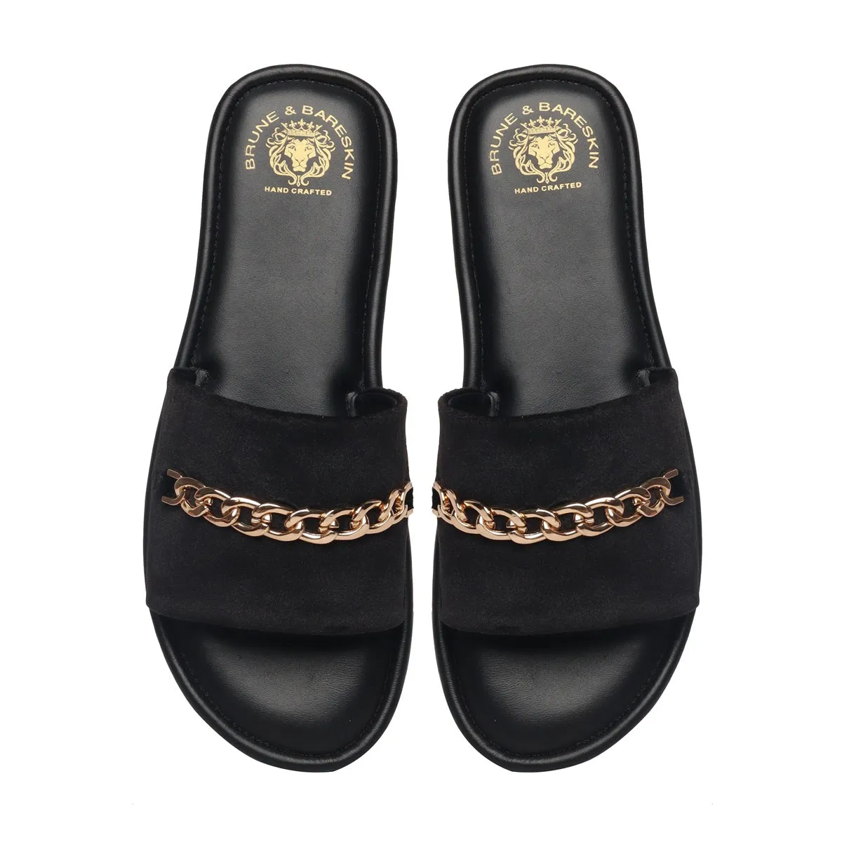 Black Velvet Chain Slide-In-Slippers by Brune & Bareskin