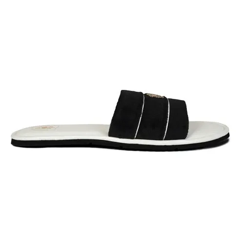 Black Velvet Strap White Leather Slide-in Slippers By BRUNE & BARESKIN