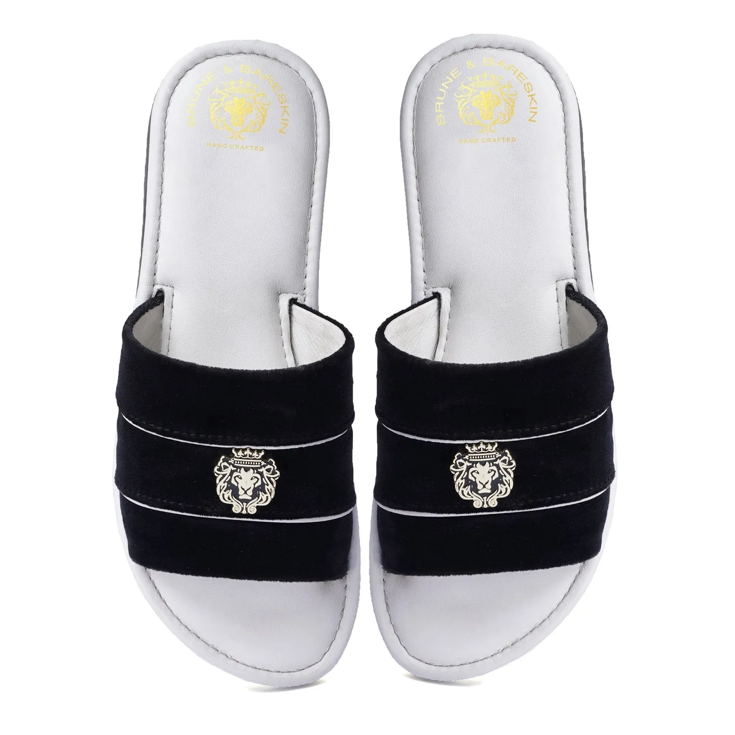 Black Velvet Strap White Leather Slide-in Slippers By BRUNE & BARESKIN