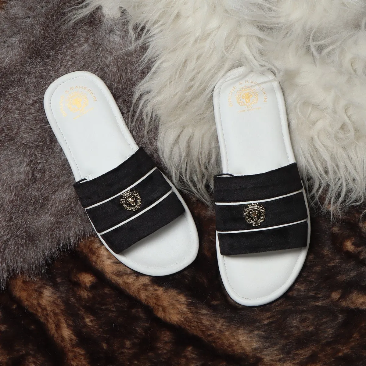 Black Velvet Strap White Leather Slide-in Slippers By BRUNE & BARESKIN