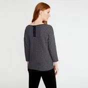 Black/Ivory 3/4 Sleeve Slash Neck Texture Spot Top