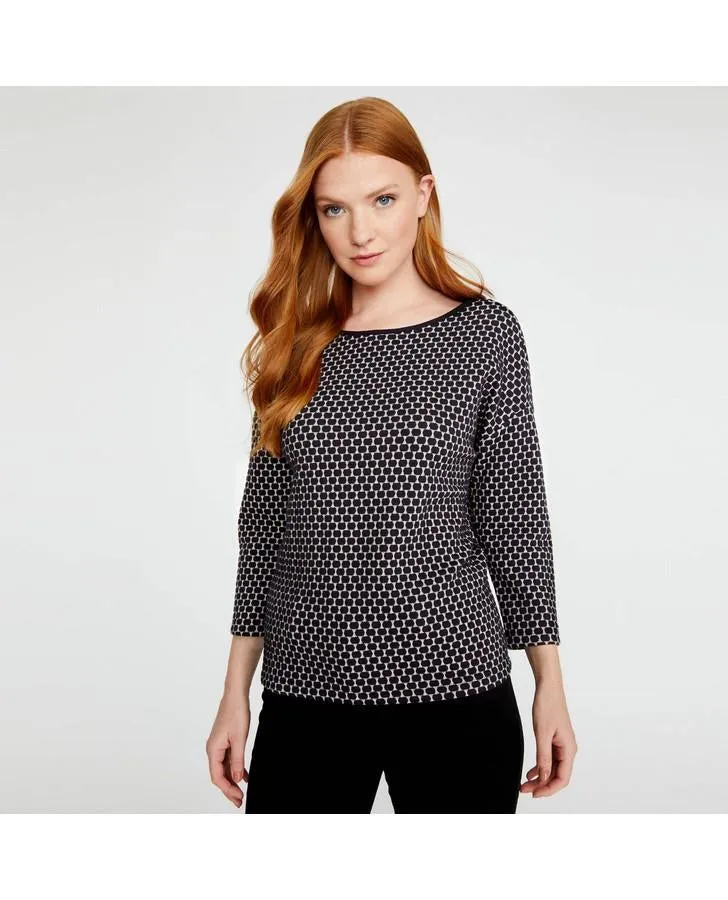 Black/Ivory 3/4 Sleeve Slash Neck Texture Spot Top