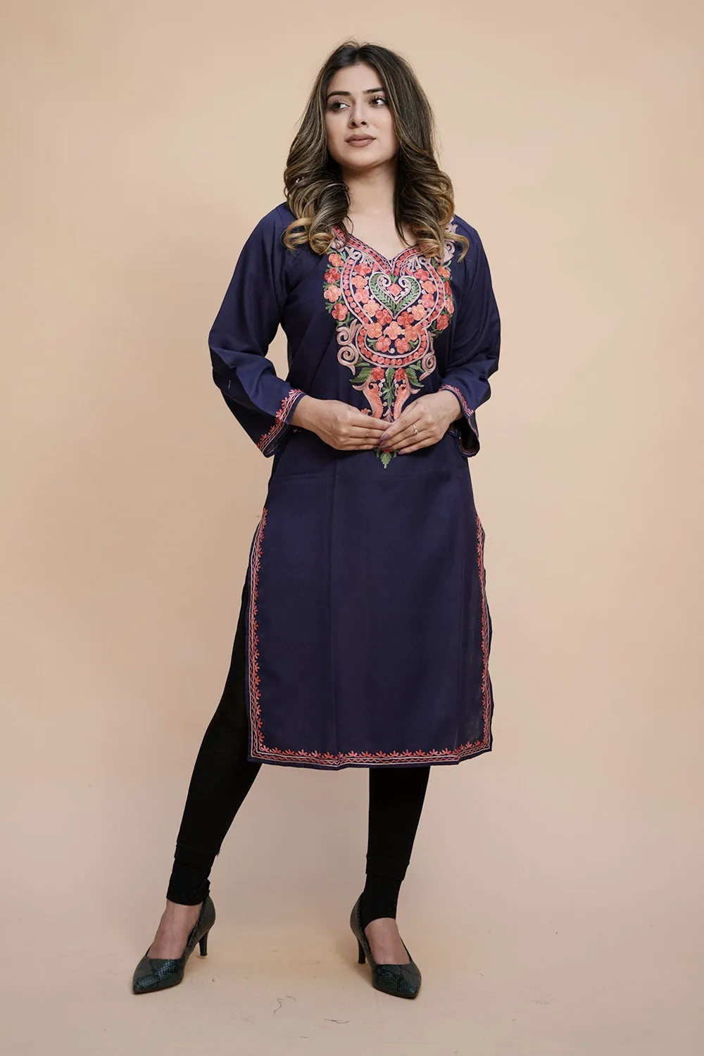 Blue Colour Cotton Kurti With Kashmiri Motifs With Latest Fashion Trend.