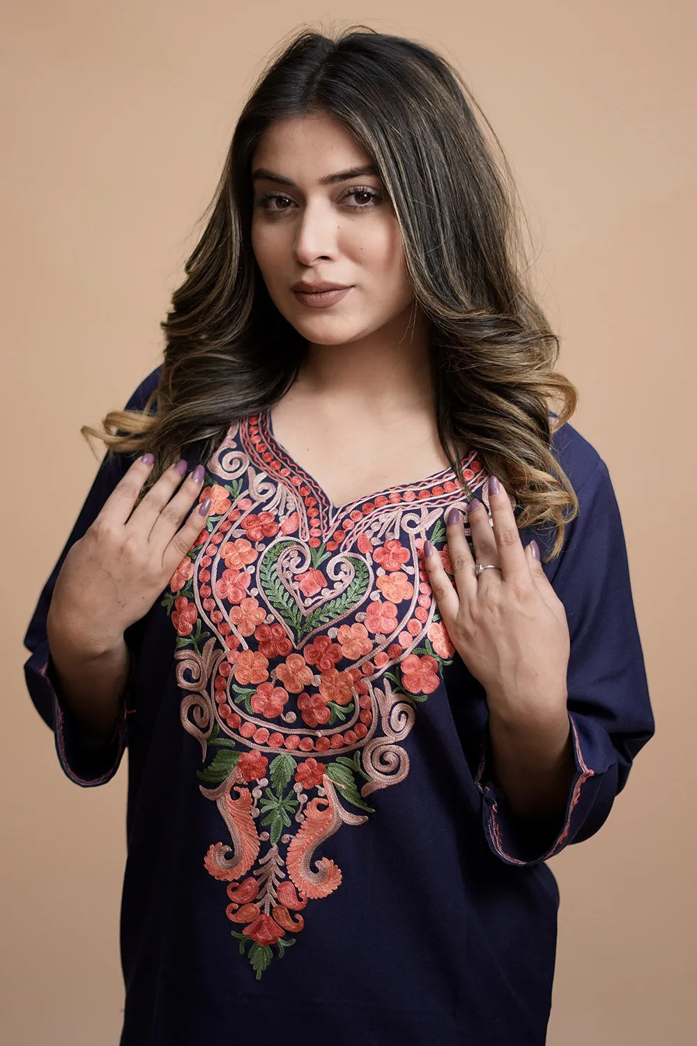 Blue Colour Cotton Kurti With Kashmiri Motifs With Latest Fashion Trend.