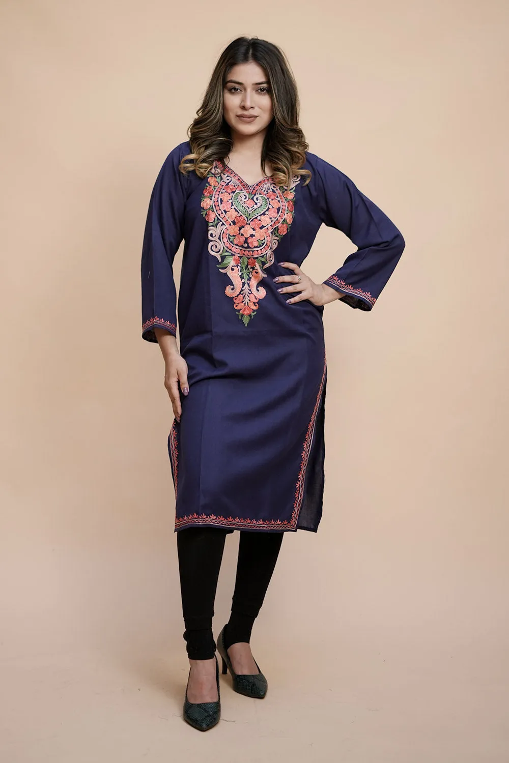 Blue Colour Cotton Kurti With Kashmiri Motifs With Latest Fashion Trend.