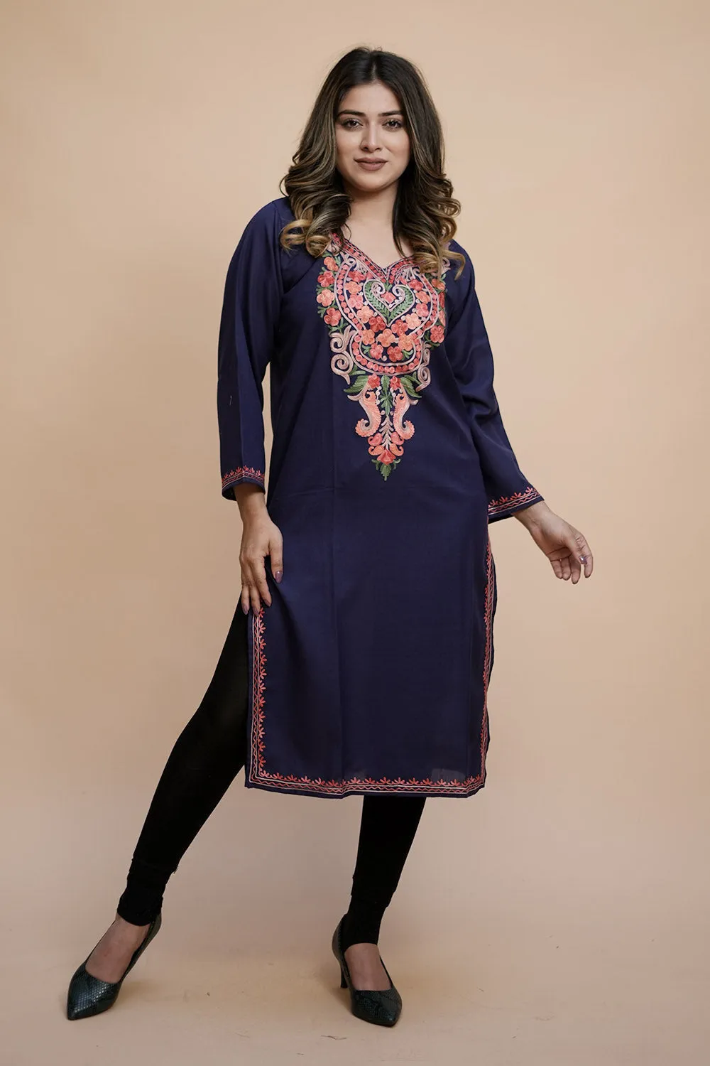 Blue Colour Cotton Kurti With Kashmiri Motifs With Latest Fashion Trend.