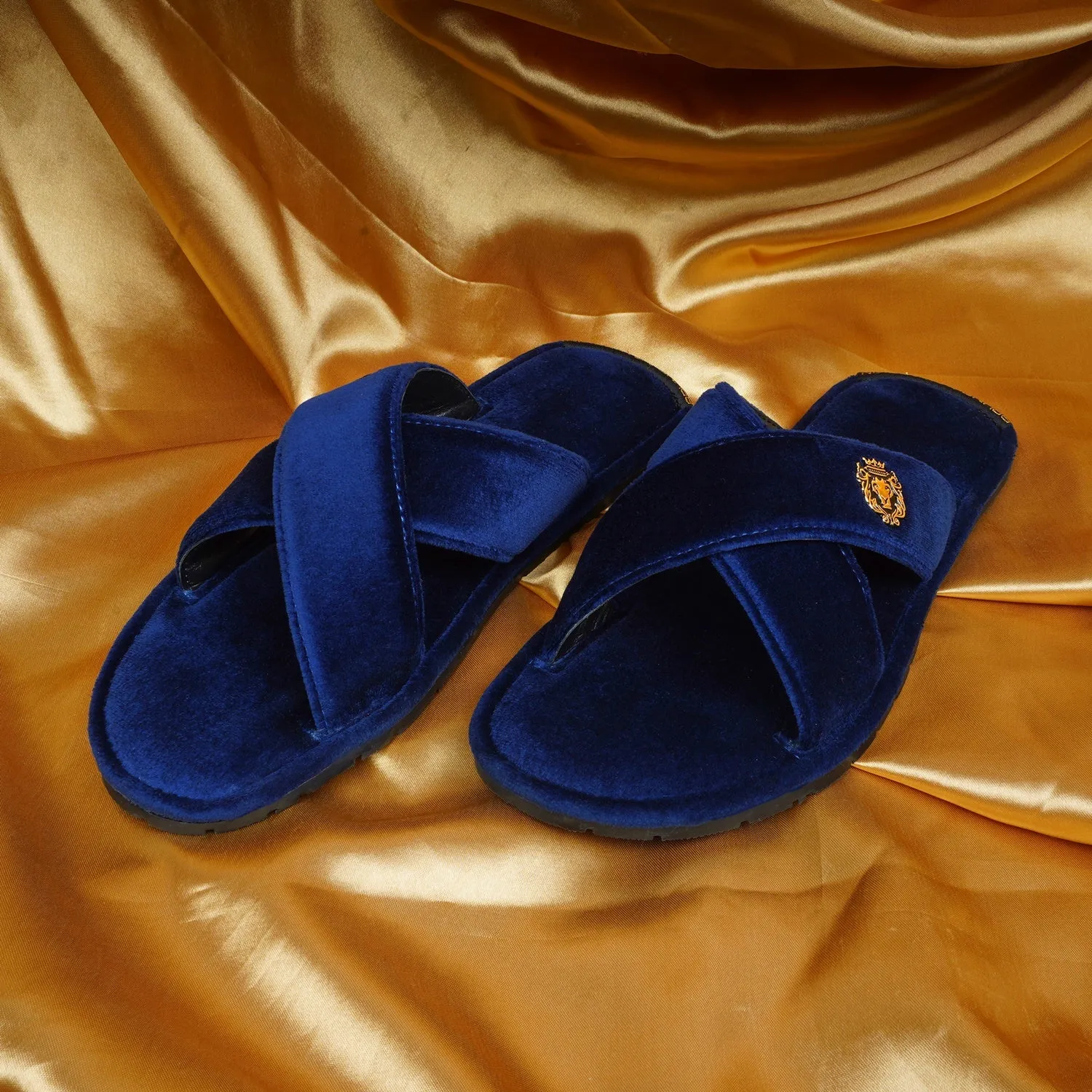 Blue Cross Straps Comfy Velvet Slide-in Slippers By Brune & Bareskin