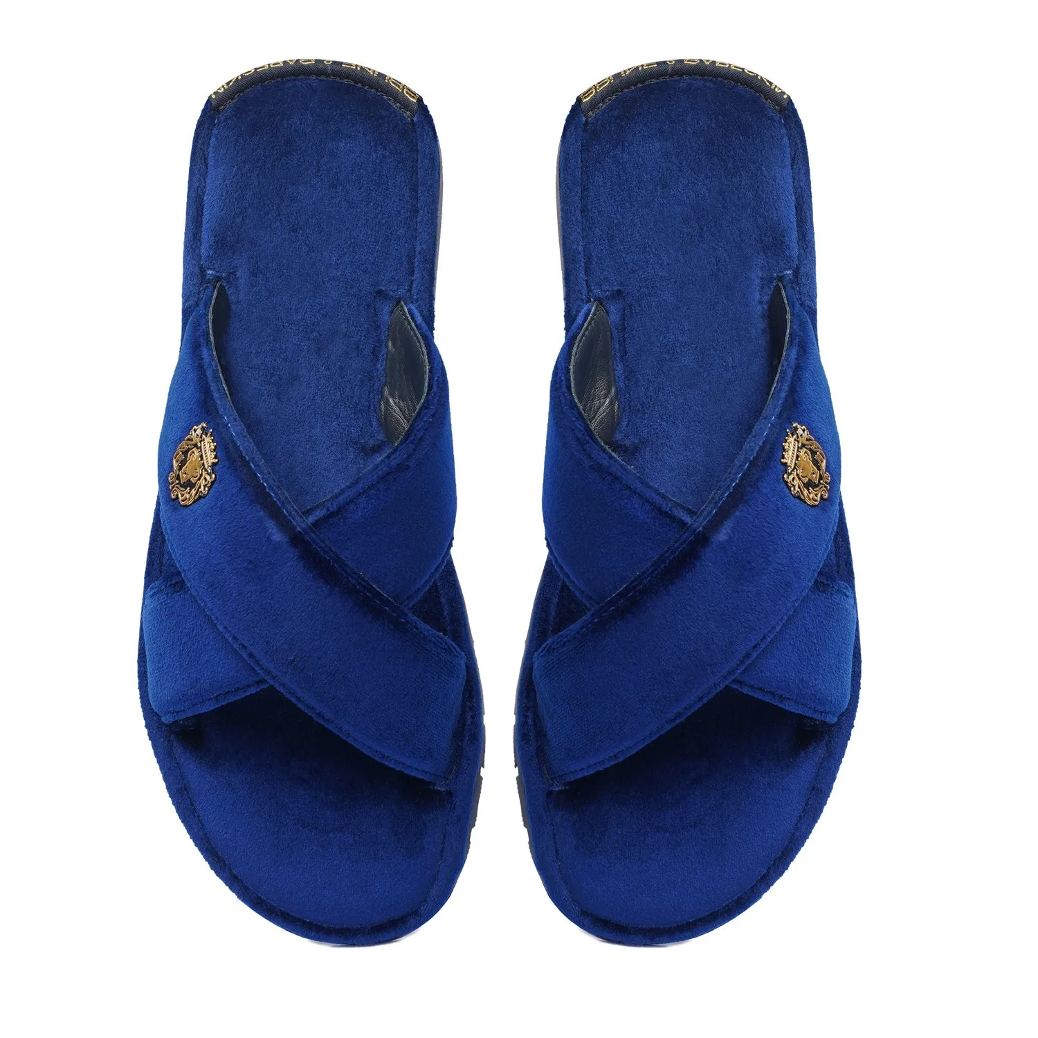 Blue Cross Straps Comfy Velvet Slide-in Slippers By Brune & Bareskin